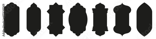 Shape Islamic door and window silhouette Arabic arch. Collection of patterns in oriental style. Frames in Arabic Muslim design for Ramadan Kareem. Vector mosque gate shape isolated on white.