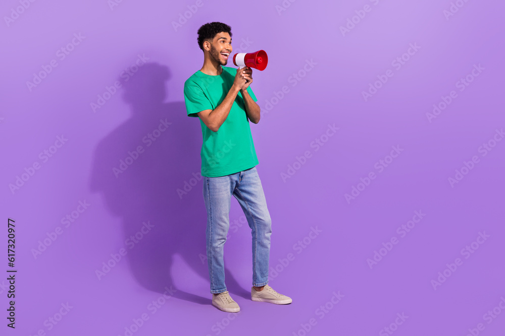 Full body photo of young funky guy hipster activist support lgbt human rights scream loudspeaker isolated on purple color background