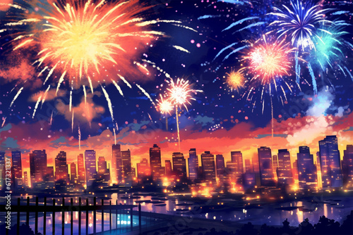 fireworks backdrop over the city anime style