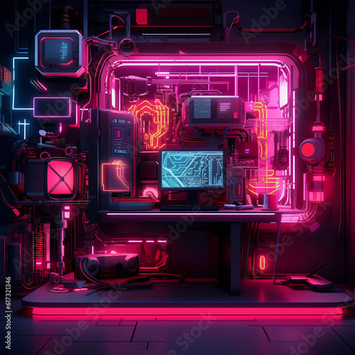 A Neon Pink Computer Gamer Room Generative AI