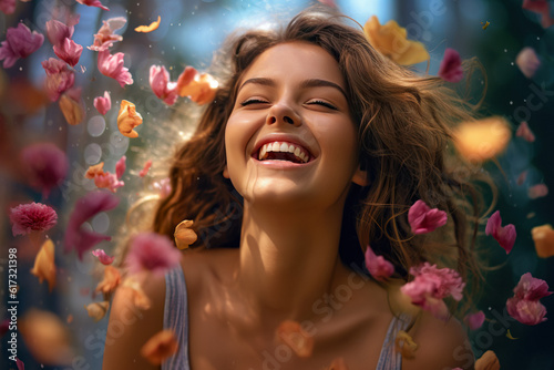 Happy Woman in Flowers. Young Beautiful Girl with Emotionally Flowing Hair, Beaming Smile, and Petals on Plain Background - Spring Bliss and Positive Mood, Joyful Inspiration for the Soul