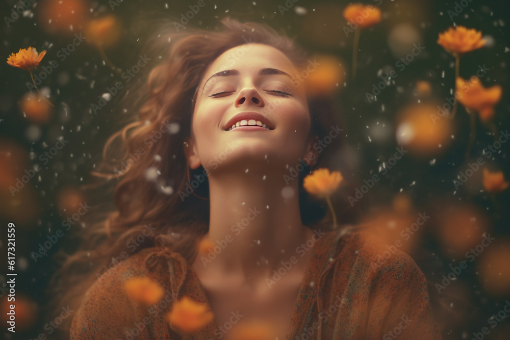 Happy Woman in Flowers. Young Beautiful Girl with Emotionally Flowing Hair, Beaming Smile, and Petals on Plain Background - Spring Bliss and Positive Mood, Joyful Inspiration for the Soul Happy Woman in Flowers. Young Beautiful Girl with Emotionally Flowing Hair, Beaming Smile, and Petals on Plain Background - Spring Bliss and Positive Mood, Joyful Inspiration for the Soul