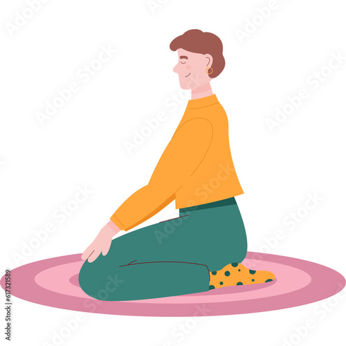Woman meditating on yoga mat vector icon