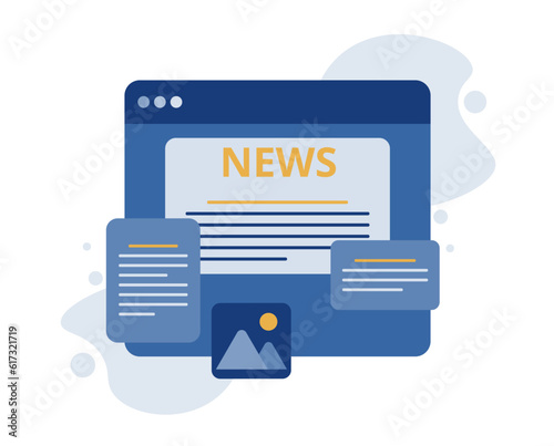 A dialog box with a web page on which the text of the news is placed. Access to current news via the Internet and the convenience of receiving information from various sources. Perfect vector graphics