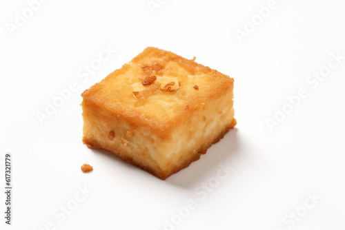a piece of fried tofu on a white background