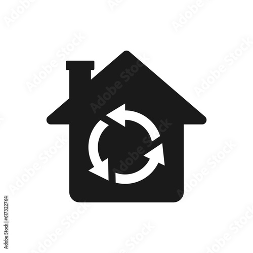 House with three circular arrows. Green building icon flat style isolated on white background. Vector illustration