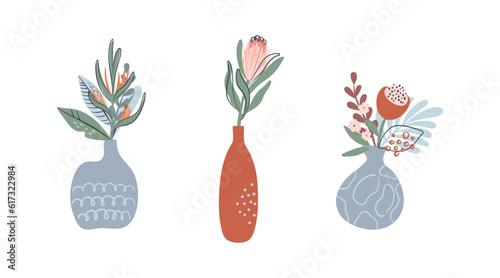 Set of vases with tropical flowers. Boho botanical compositions. Abstract minimalistic floral bouquets for print, poster, wall decor, cards. Hand drawn vector illustrations.