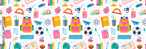 School supplies elements, vector seamless pattern in hand drawn style, back to school on white background