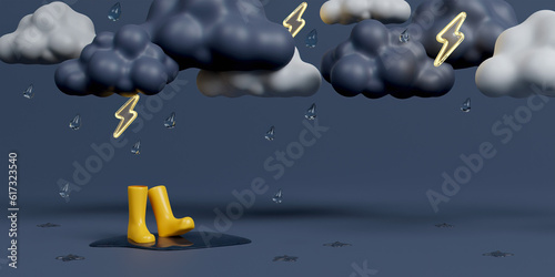 3d Yellow rubber boots under rain cloud on dark gray background. 3d rendering illustration.