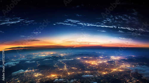 Panoramic view on planet Earth globe from space. Glowing city lights, light clouds. Generative AI © AngrySun