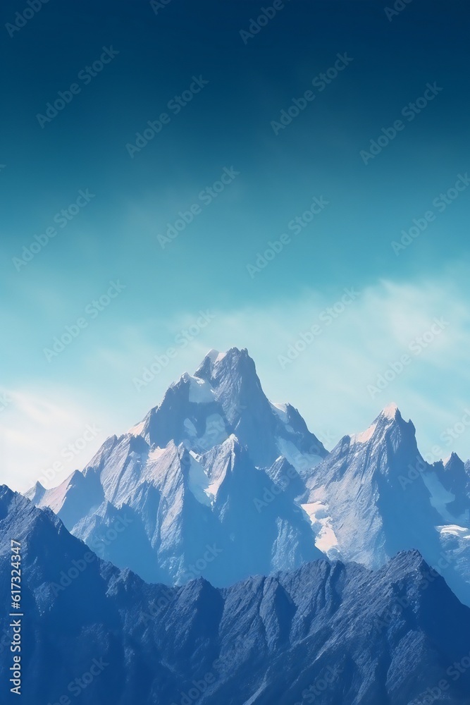 Majestic mountain peaks style mountain silhouette in the style of high landscape professional photography, grandeur, light blue sky Generative AI 