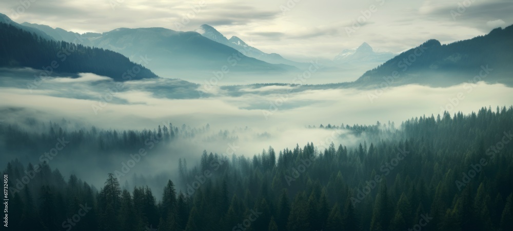 Amazing mystical rising fog forest trees mountain peak landscape panorama banner - Valley view of mountains (Generative Ai)