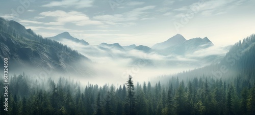 Amazing mystical rising fog forest trees mountain peak landscape panorama banner - Valley view of mountains (Generative Ai)