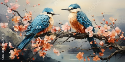 tranquil riverbank becomes a stage for the dance of nature as melodious birds sing madrigals on branches overhanging the water  Generative Ai Digital Illustration photo