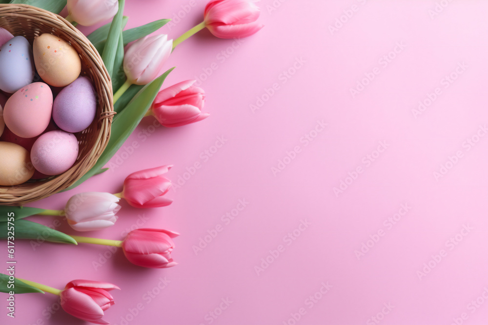 easter eggs and tulips pink background Easter Delights: Capturing the Joy and Beauty of Easter, Stunning Easter Photography: Celebrating the Beauty and Traditions of Easter 