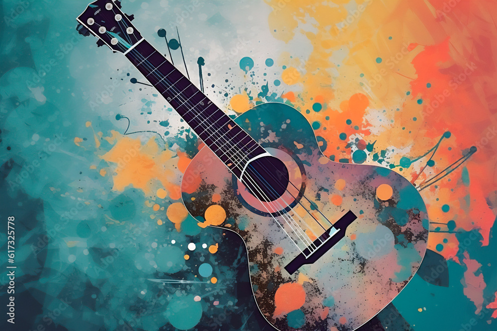 Abstract background illustration of a acoustic guitar with grunge noise and colorful texture. Music industry theme. Generative AI - obrazy, fototapety, plakaty 