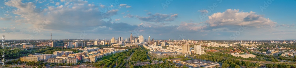 Wide angle drone panorama over the German city Frankfurt am Main during sunset