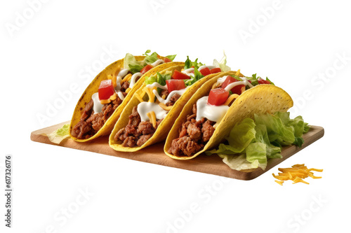 Soft shell beef tacos on wooden table on cutout PNG transparent background. Mexican food. Generative AI