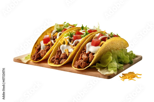 Soft shell beef tacos on wooden table on cutout PNG transparent background. Mexican food. Generative AI