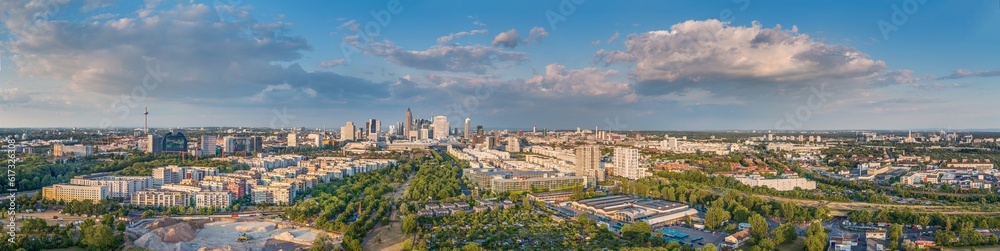 Wide angle drone panorama over the German city Frankfurt am Main during sunset