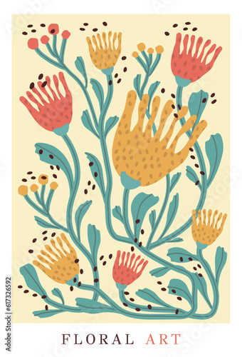 Abstract floral poster. Trendy hand drawn flowers in a minimalist style. Decorative modern botanical elements, matisse. for print, banner, poster. art vector illustration. © dezignstock