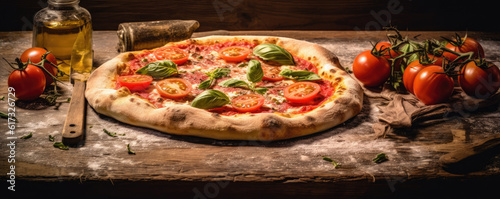 homemade Italian Pizza with mozzarella and basil, tomatoes on wooden table. genrative ai