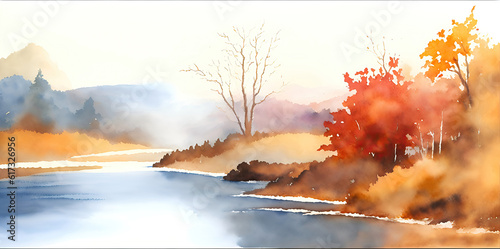 Watercolor landscape. Autumn in the forest by the river.