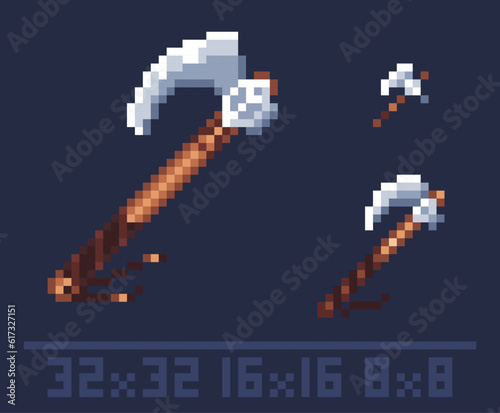 Pixel art viking axe icon for rpg, sandbox games. Resolution 32x32, 16x16, 8x8