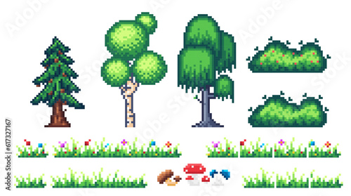 ector isolated pixel art set of vegetation for creating game locations of 2d games. Sprites of trees, grass, mushrooms and bushes. Grass includes a tile set for various combinations and generations.