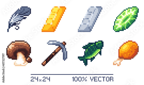 A set of pixel items for RPG, Sandbox, or other games. Isolated icons in 24x24 scale.