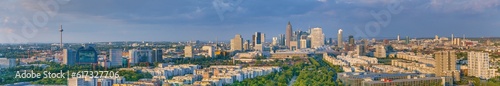 Wide angle drone panorama over the German city Frankfurt am Main during sunset