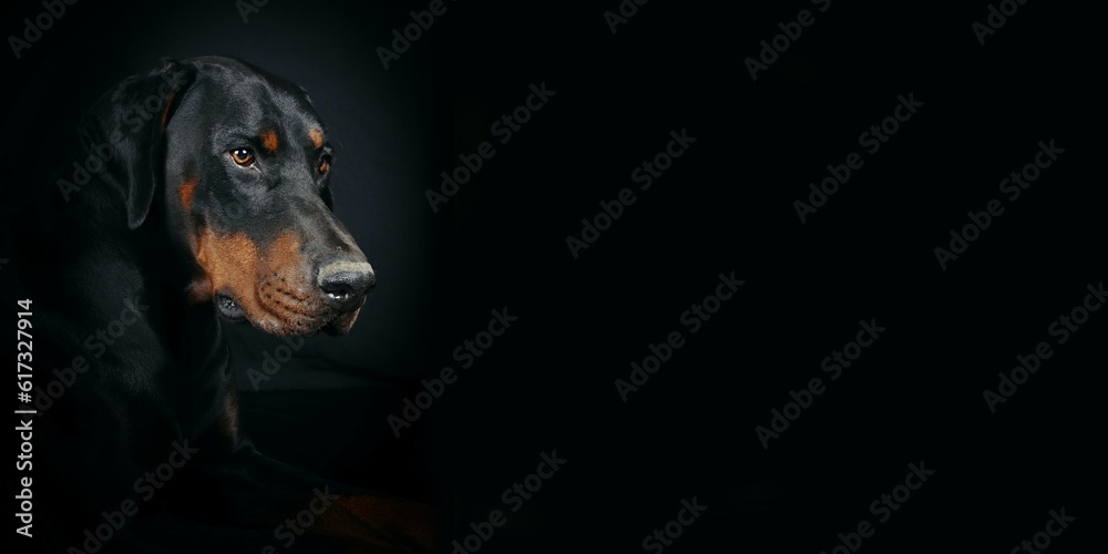 portrait panoramic of a doberman in black background 