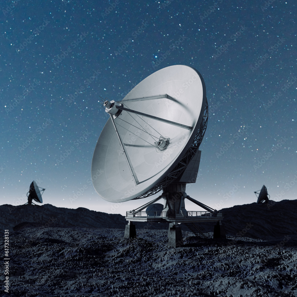 Amazing night sky landscape with satellite dish silhouette. Space observatory.