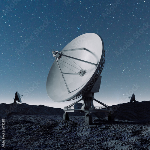 Obraz na płótnie Amazing night sky landscape with satellite dish silhouette. Space observatory. w salonie