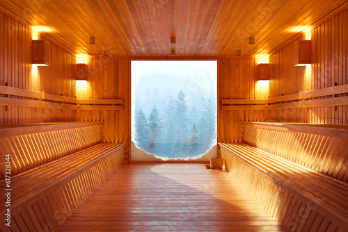 Beautiful, warm wooden sauna, big window with winter forest in the background