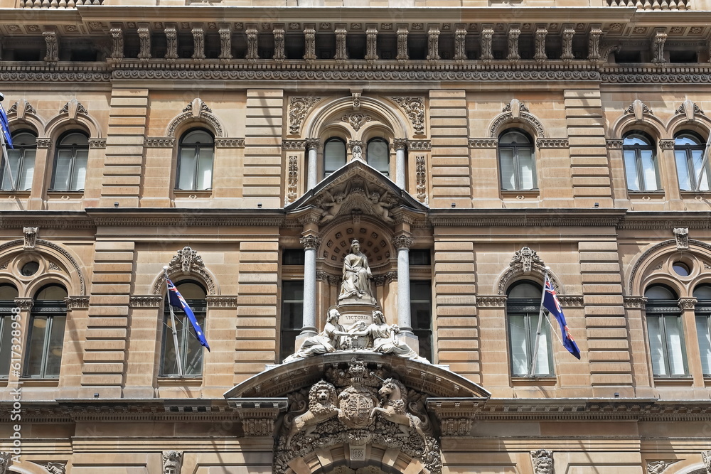 Heritage building sandstone facade of 114 meter long with Queen Victoria sculpture group, Martin Place. Sydney-Australia-718