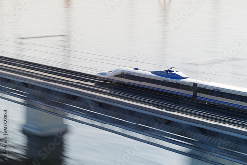 Fast Modern high-speed bullet Train on a Bridge Overlooking the Sea.