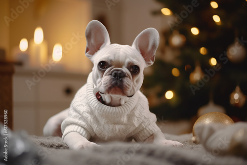 portrait of white French bulldog wearing a sweater with Christmas tree and bokeh lights in the background created with AI generative tools