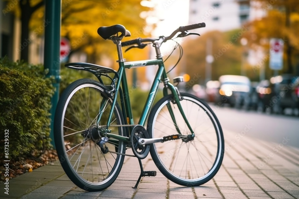 City Bike Scene Bicycle Parked Against Urban Bike Rack. Generative AI