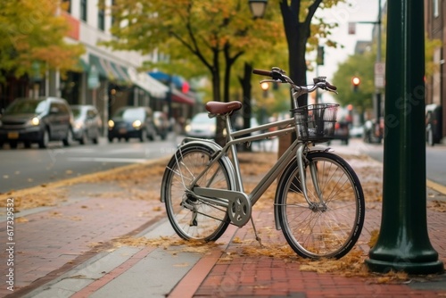 City Bike Scene Bicycle Parked Against Urban Bike Rack. Generative AI © rzrstudio