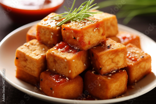 Photo of healthy food fried tofu on a plate with sauce, white background.generative AI