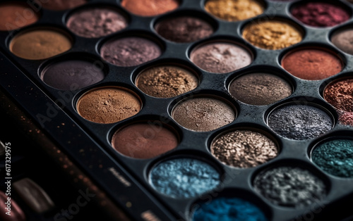 Professional make up palette of eyeshadow. Selective focus. Generative AI