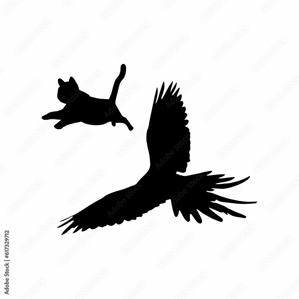 silhouette of cat and bird silhouette of cat and bird