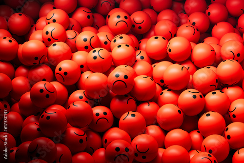 A pile of red balls with sad, depressed or angry expressions.
