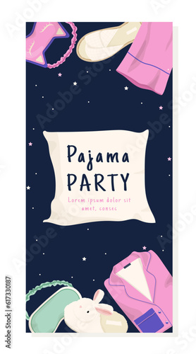 Pajama party postcard template. Sleep mask, slippers and towels, pillow. Event and party, leisure. Template, layout and mock up. Rest and relax, dream. Cartoon flat vector illustration