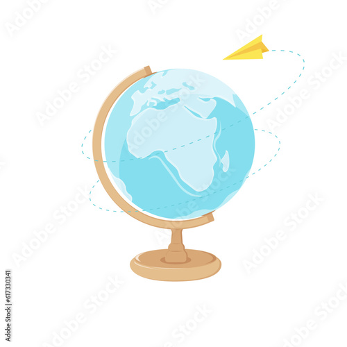 Globe with airplane. Travel. School. Education. Vector illustration. 