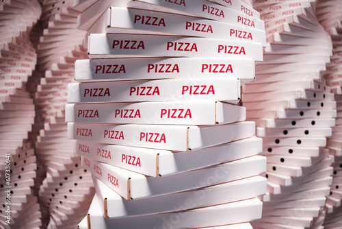 A huge pile of cardboard pizza boxes. Stack of cartons. Fast food packaging.