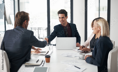 Businessman, handshake and meeting for deal, partnership or b2b in teamwork at office conference. Business people shaking hands in recruiting, hiring or deal agreement for team growth at workplace