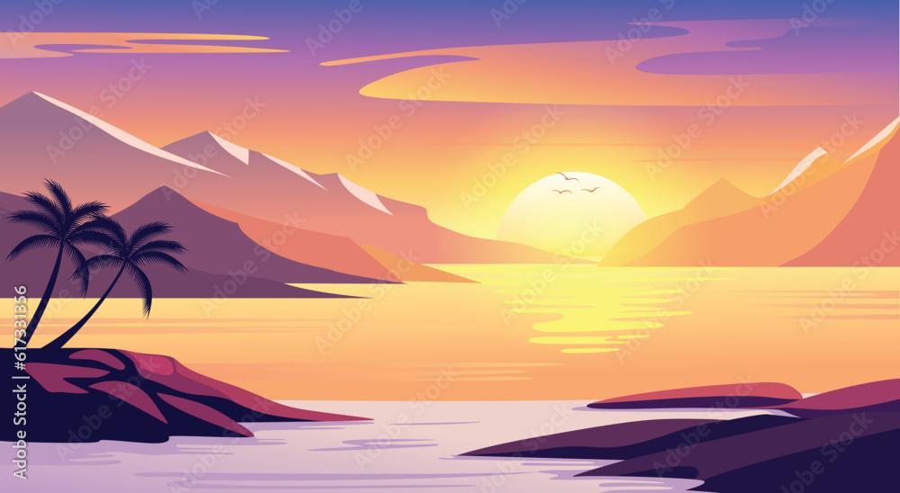 Sunset beach lanscape illustration, Summer background. Vector