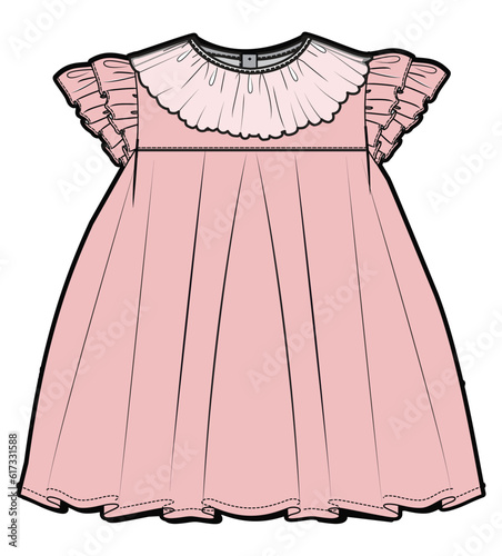 kids girls peter pan collar frock dress Fashion Flat Sketch Vector Illustration, CAD, Technical Drawing, Flat Drawing, Template, Mockup.